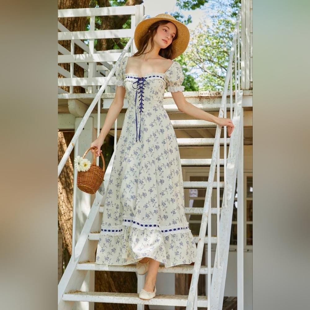 Floral Lace-Up Puff Sleeve Midi Dress in Cream and Blue - Picture 2 of 11